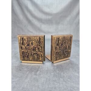Vintage Matina Mid Century Carved Wood Metal Paul Evans Style Brutalist Bookends